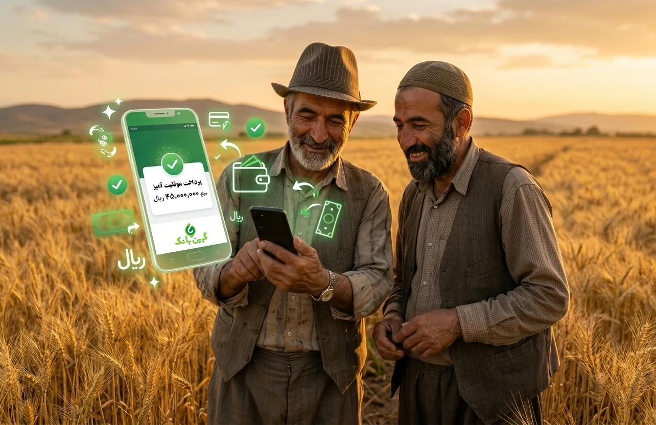 گرین بانک و توسعه دسترسی مالی در تمامی مناطق 1 دو کشاورز در حال استفاده از امکانات بانکداری هوشمند گرین بانک