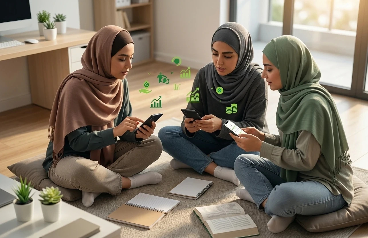 گرین بانک و توسعه دسترسی مالی در تمامی مناطق 2 سه دختر دانشجو درحال استفاده از بانکداری هوشمند گرین بانک