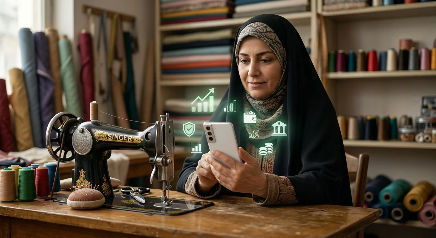 گرین بانک و توسعه دسترسی مالی در تمامی مناطق 3 خانمی خیاط در حال کار با اپلیکیشن گرین بانک